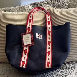 Brighton Navy Tote with Red-and-Cream Heart Straps